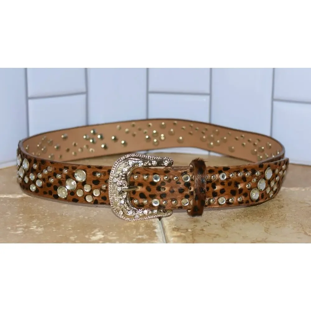 CARA New York Leather Belt Calf Hair Rhinestone Embellishments Western Buckle